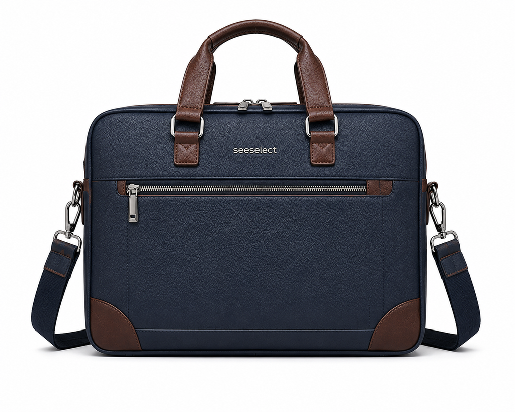Seeselect Premium Navy Blue Leather Laptop Bag | 15.6" Business Briefcase with Shoulder Strap