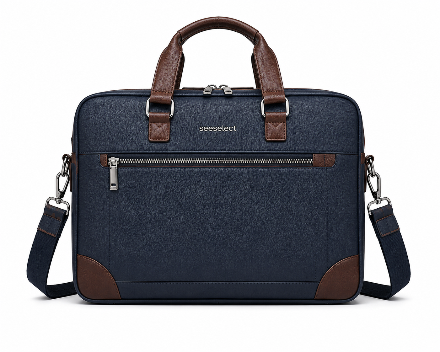 Seeselect Premium Navy Blue Leather Laptop Bag | 15.6" Business Briefcase with Shoulder Strap