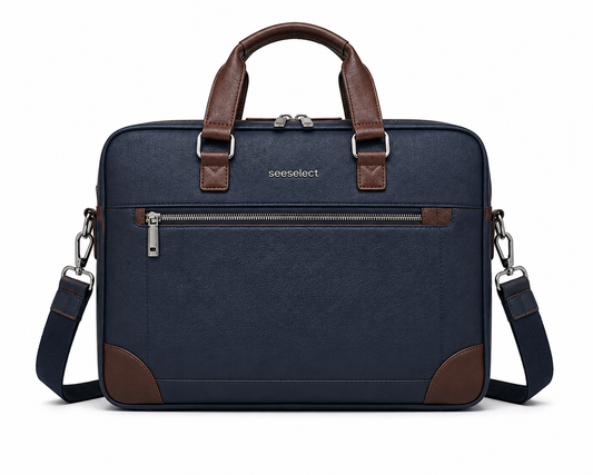 Seeselect Premium Navy Blue Leather Laptop Bag | 15.6" Business Briefcase with Shoulder Strap