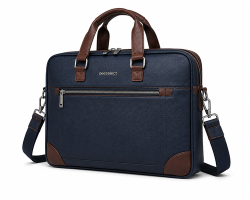 Seeselect Premium Navy Blue Leather Laptop Bag | 15.6" Business Briefcase with Shoulder Strap