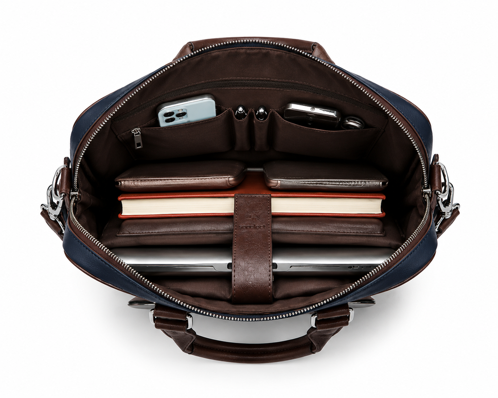 Seeselect Premium Navy Blue Leather Laptop Bag | 15.6" Business Briefcase with Shoulder Strap