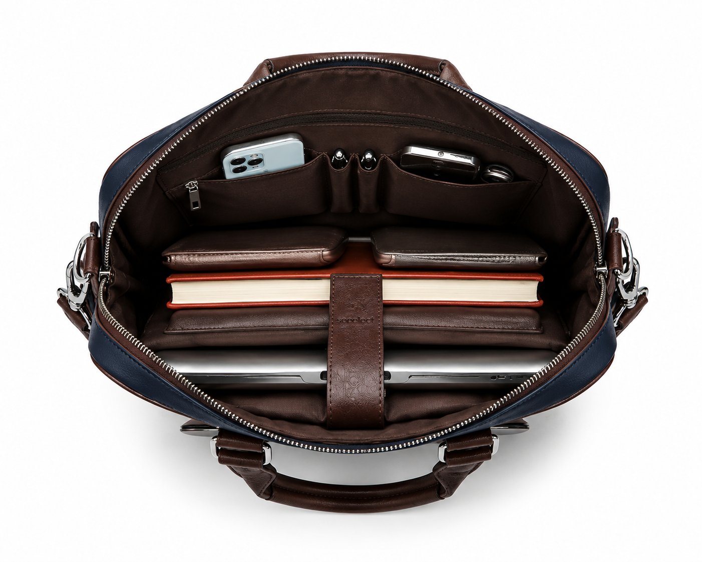 Seeselect Premium Navy Blue Leather Laptop Bag | 15.6" Business Briefcase with Shoulder Strap