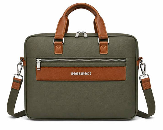 Seeselect Premium Olive Green Laptop Bag | 15.6" Executive Leather Briefcase with Detachable Shoulder Strap