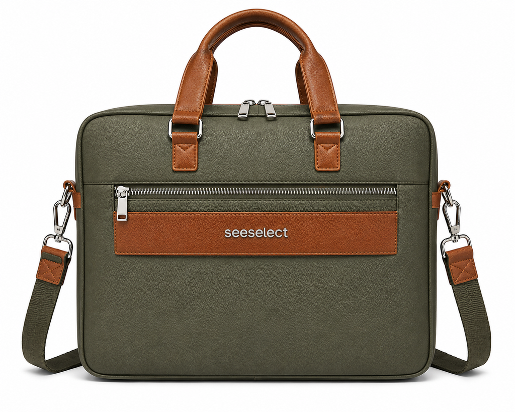 Seeselect Premium Olive Green Laptop Bag | 15.6" Executive Leather Briefcase with Detachable Shoulder Strap