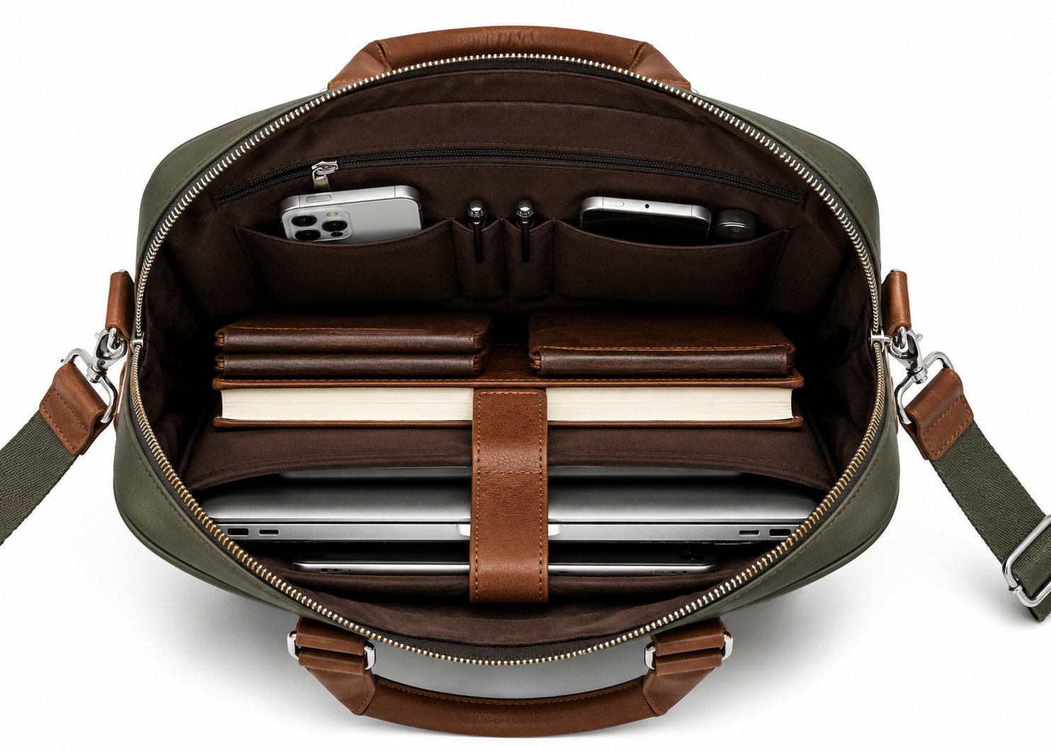 Seeselect Premium Olive Green Laptop Bag | 15.6" Executive Leather Briefcase with Detachable Shoulder Strap