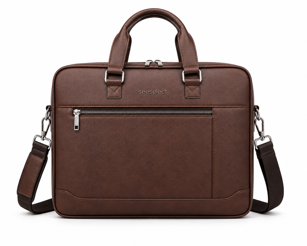 Seeselect Executive Slim Laptop Briefcase – Premium Brown Leather Office Bag for Men (15.6 Inch)