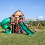 Backyard Discovery Cedar Cove Wooden Outdoor Swing Set with Tube Slide, Wave Slide, Clubhouse & Shaded Playhouse (2001053)